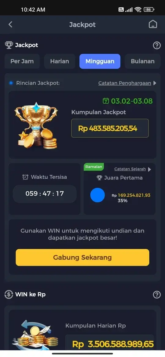Tampilan jackpot mingguan dengan hadiah ratusan juta rupiah